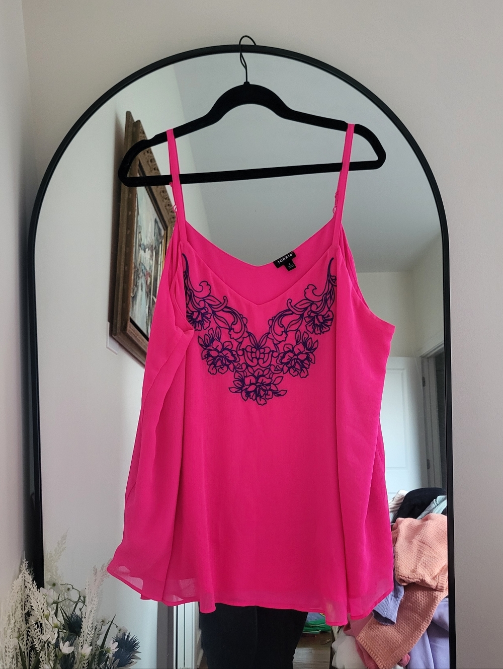Torrid Hot Pink Spaghetti Strap Tank with Navy Floral Embroidery